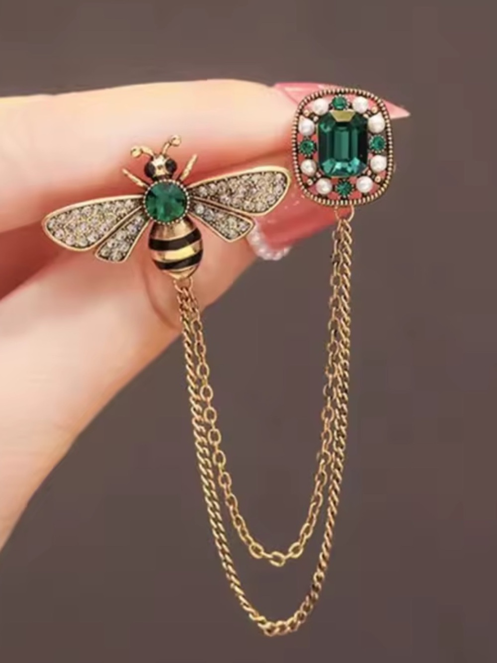 Anthropologie Gold Bee Brooch with Emerald Green and Pearl Accents